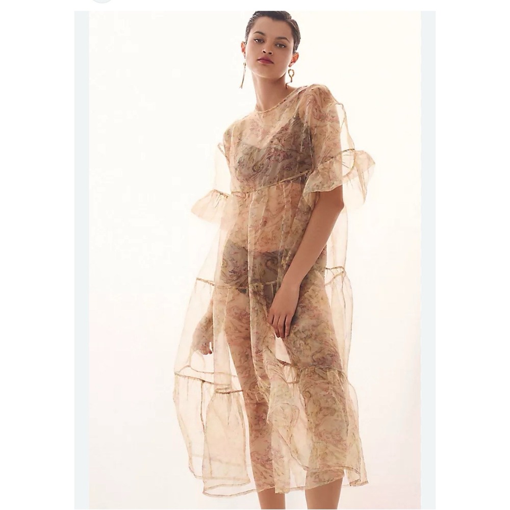 Anthropologie Tiered Midi Dress Neutral‎ Motif Floral Print Ruffle Sleeve Size S